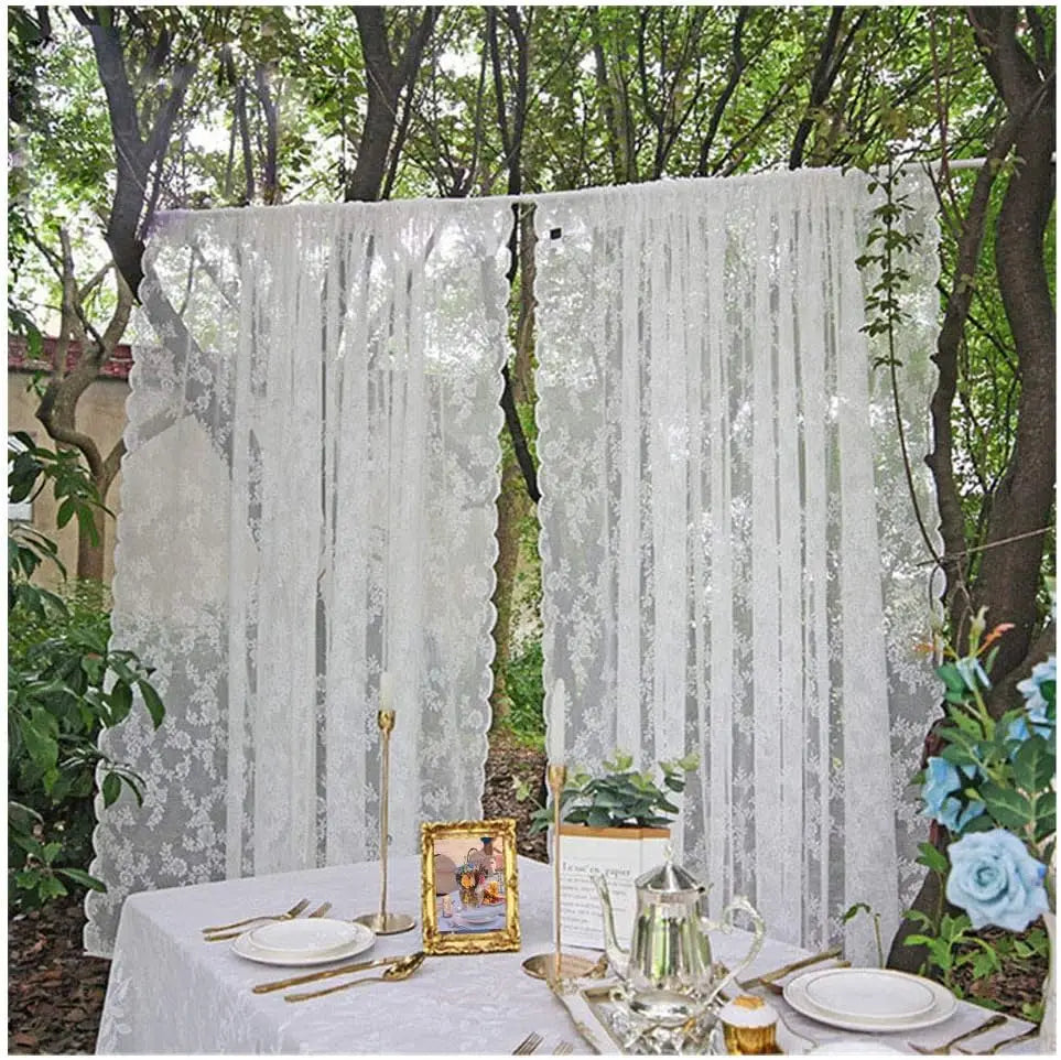 White Floral Lace Sheer Curtains | Rod Pocket Voile Drapes
