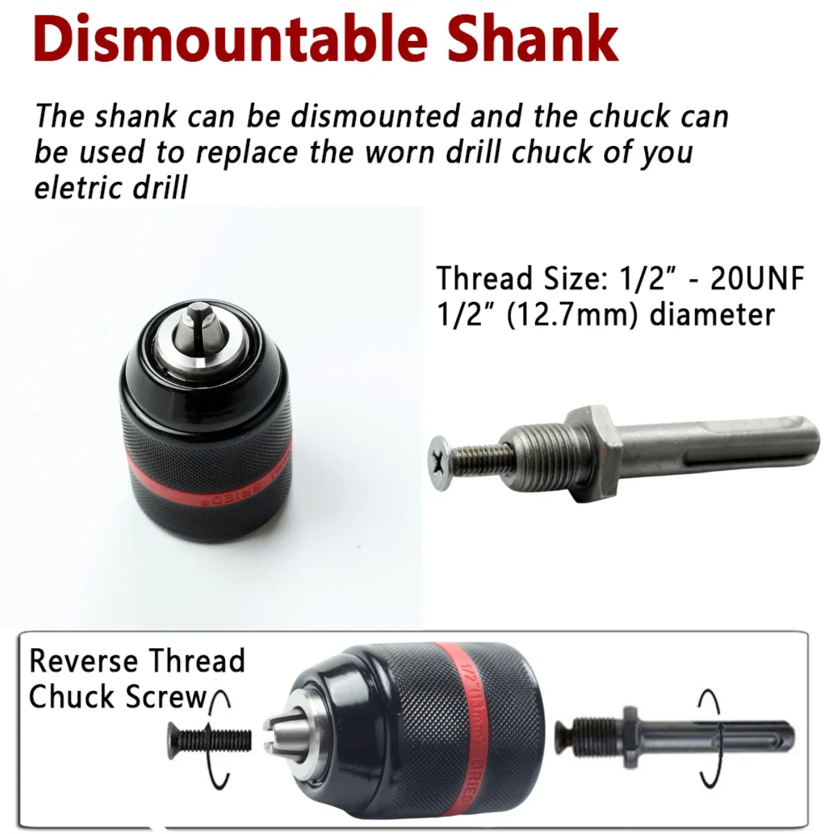 Keyless Drill Chuck 1/2-20UNF 2–13mm Self-Tightening 3-Jaw
