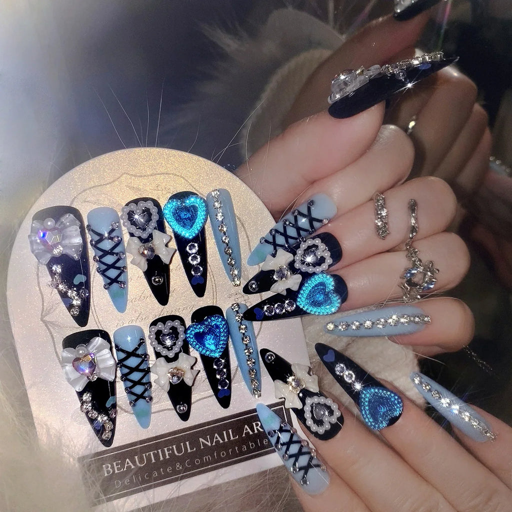 24pcs 3D Bow Press On Nails | Y2K Glitter Rhinestone Almond Set