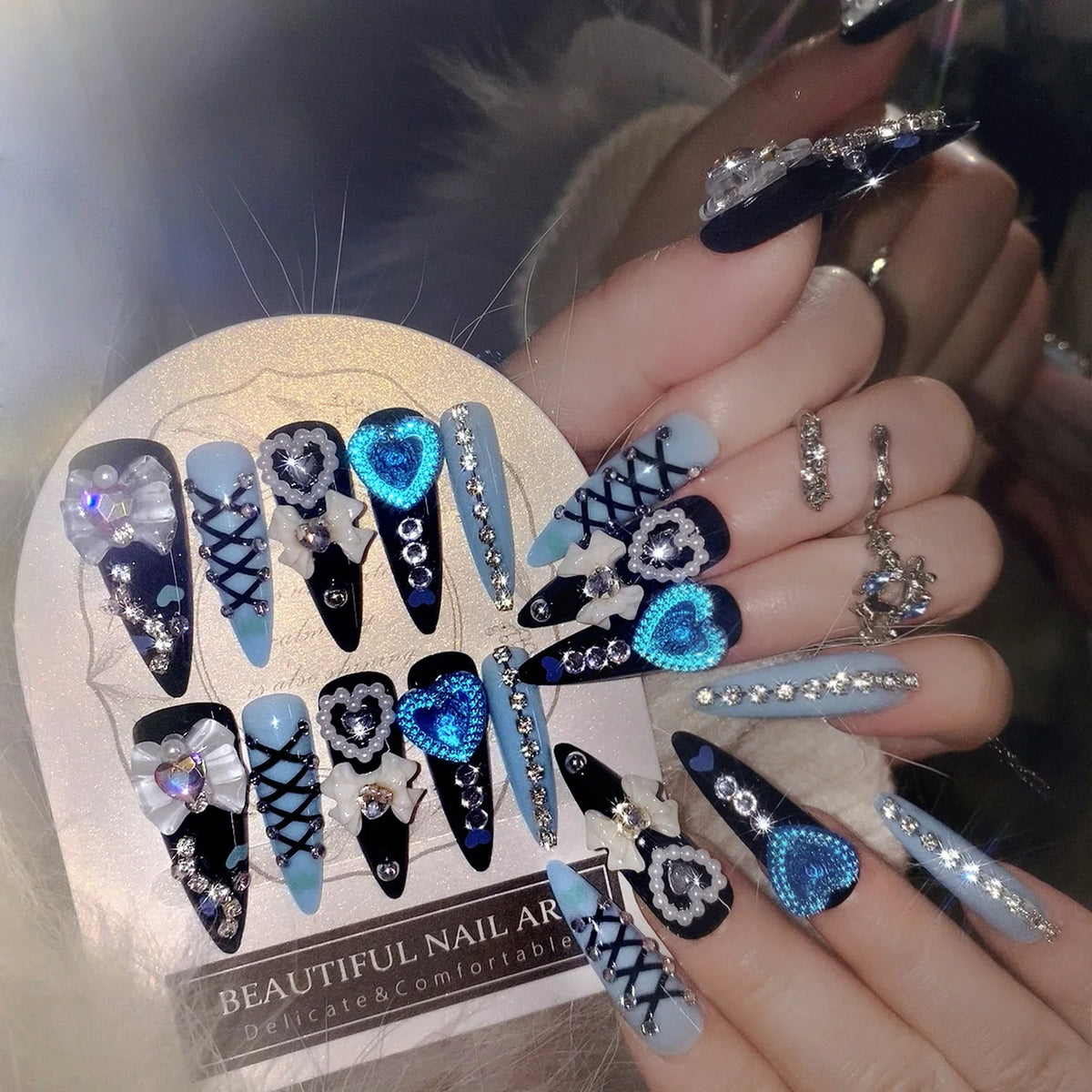 24pcs 3D Bow Press On Nails | Y2K Glitter Rhinestone Almond Set
