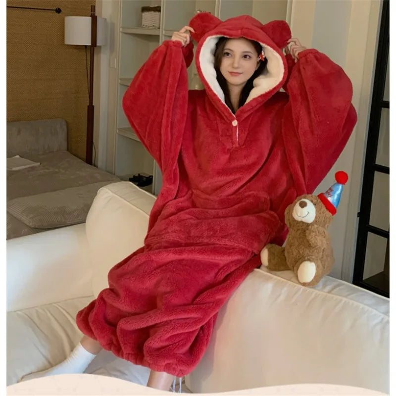 Women's Flannel Hooded Nightgown – Warm Padded Winter Homewear