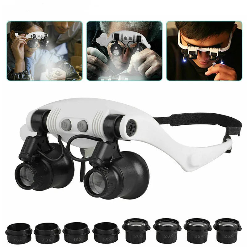 LED Headband Magnifier 10X–25X – Head Loupe with Light