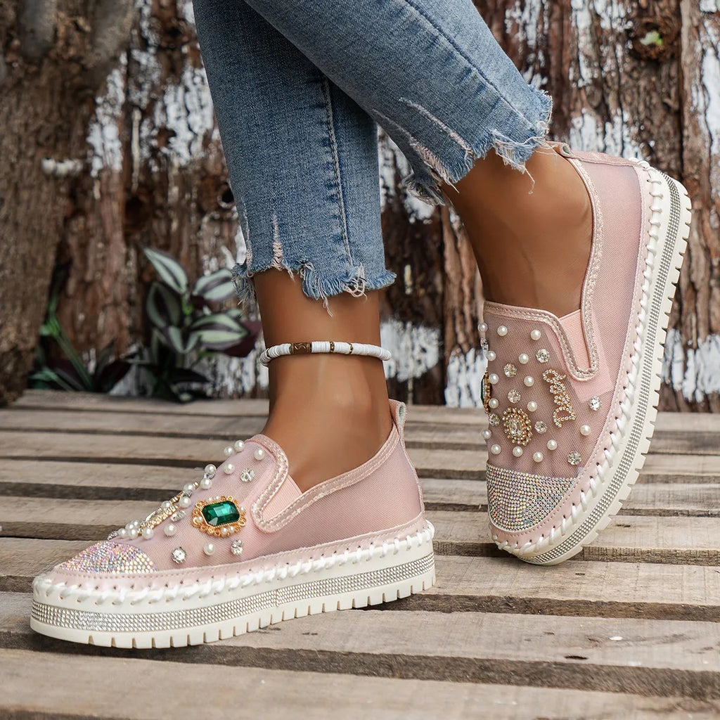 Women's Pearl Rhinestone Flat Loafers – Slip-On Summer Shoes
