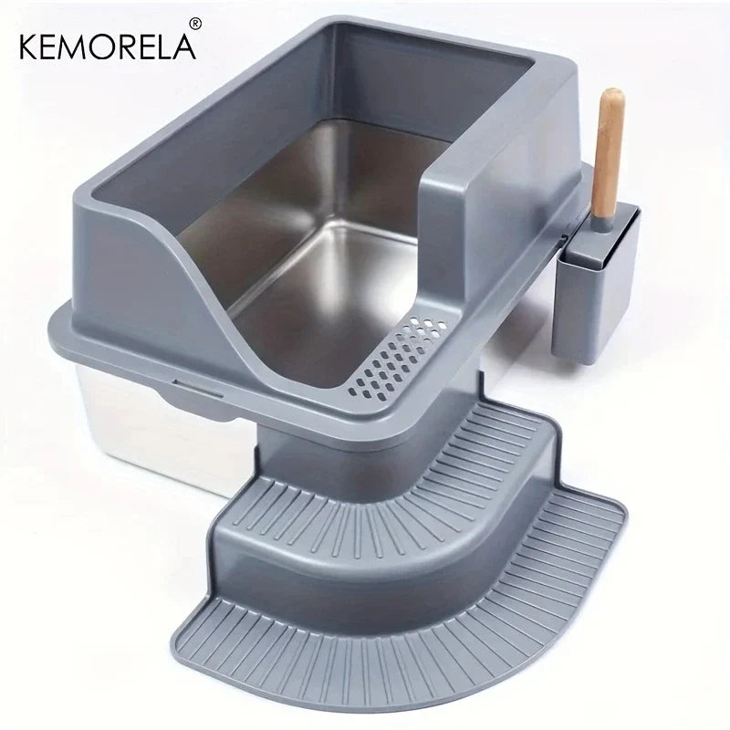 KEMORELA 20L Stainless Steel Cat Litter Box with Stair Foot Pad