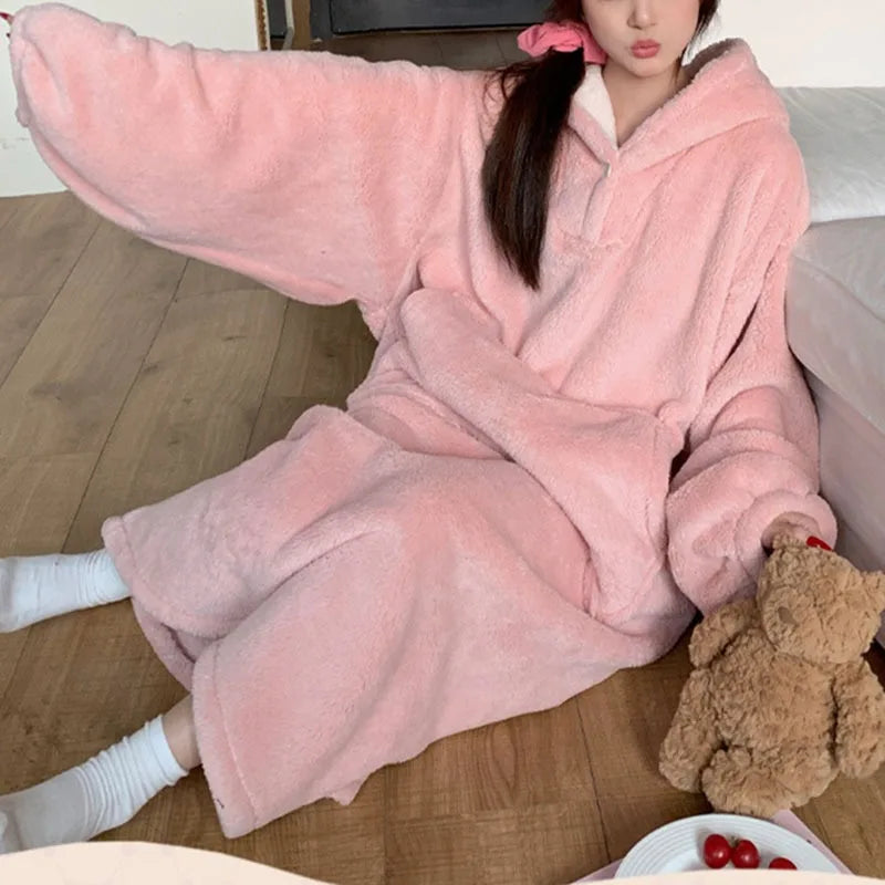Women's Flannel Hooded Nightgown – Warm Padded Winter Homewear