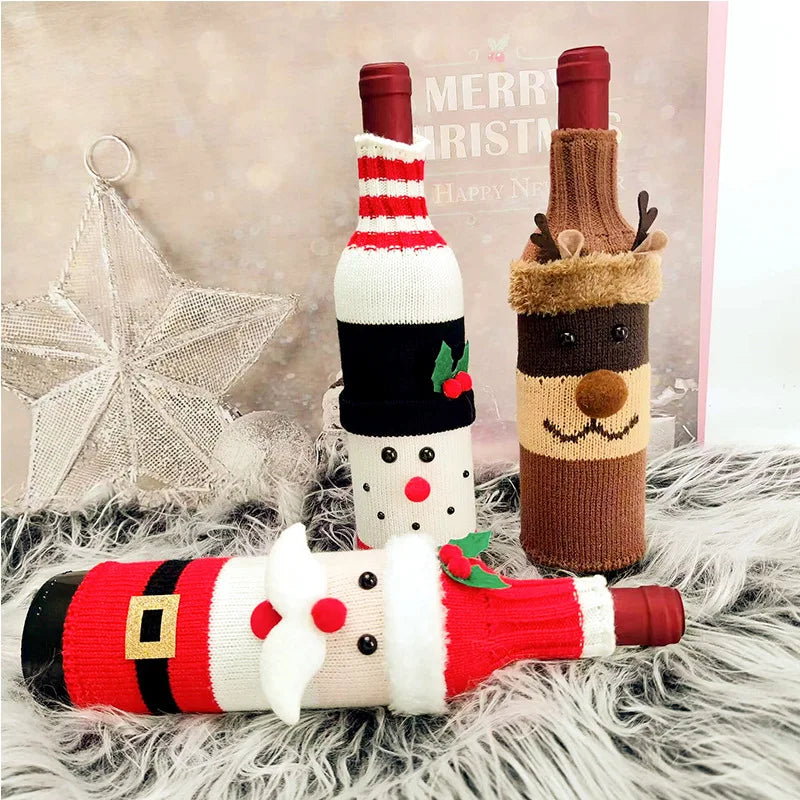 Christmas Knitted Wine Bottle Covers Snowman Reindeer Atmosphere