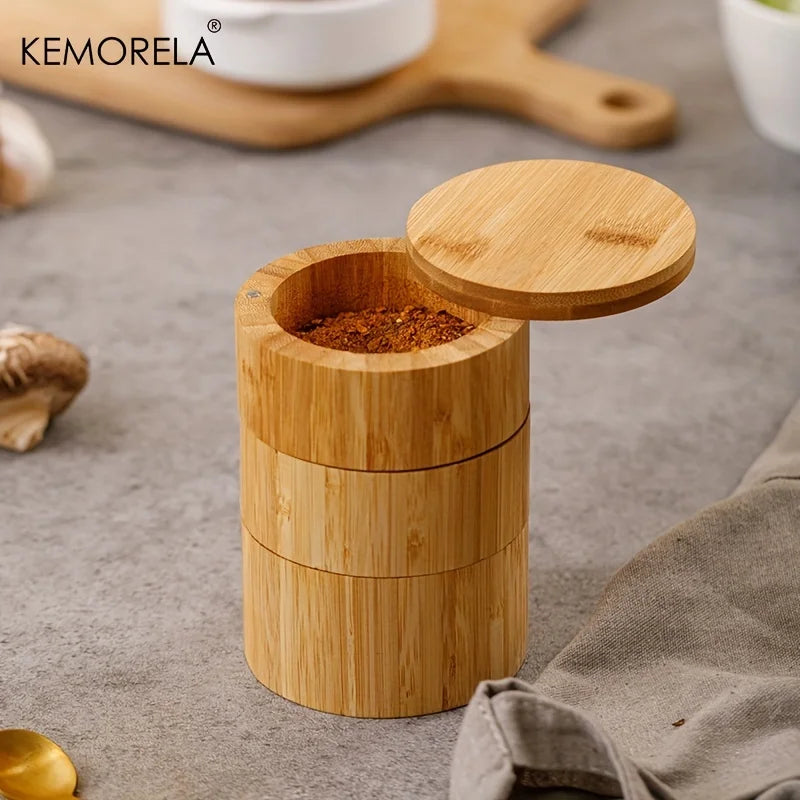 3-Tier Bamboo Salt Box & Spice Storage Jar Set with Spoon