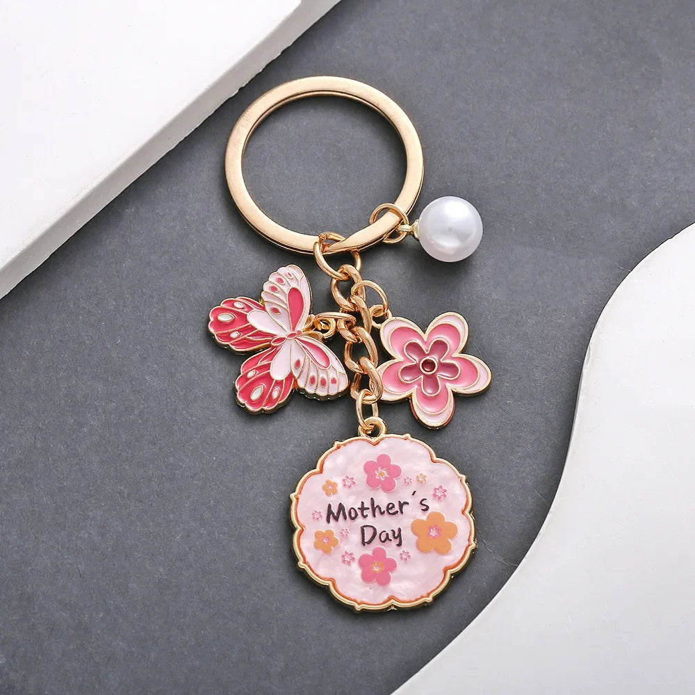 Drop Oil Pink Butterfly Flowers Pearl MOTHER'S DAY Keychain Accessory