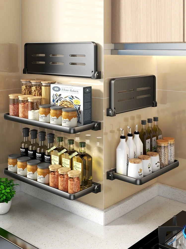Wall-Mounted Folding Kitchen Seasoning Rack | Aluminum Organizer