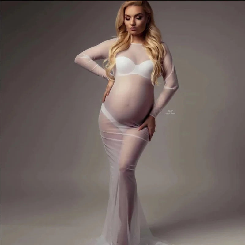 Tulle Maternity Bodysuit Dress | Long Sleeve Mesh Photo Shoot