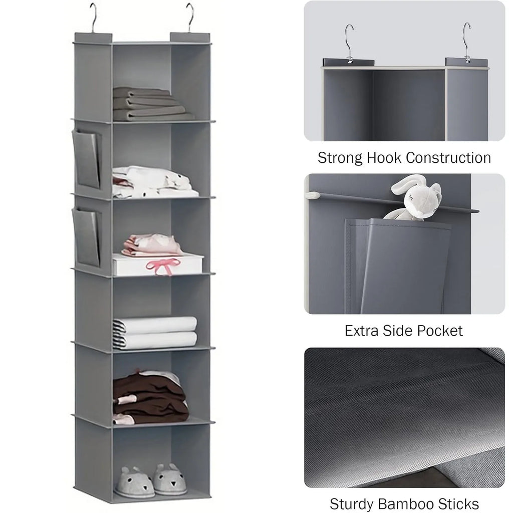 Hanging Closet Organizer Storage Foldable 6-Shelf Shelves 2 Hooks