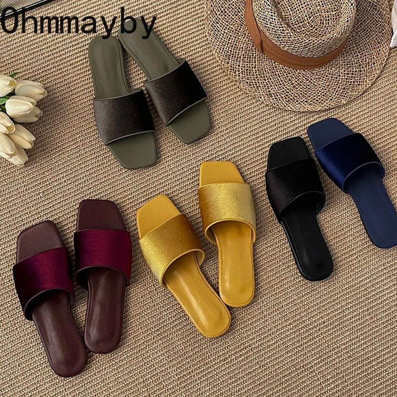Vintage Velvet Square Toe Women's Flat Slip-On Slides | ohmmayby