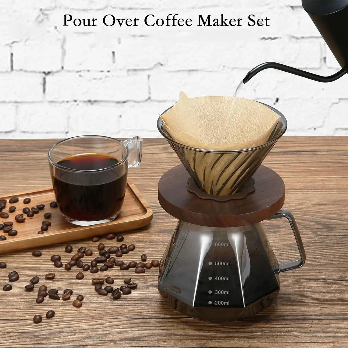 Leeseph Pour Over Coffee Maker – Walnut Handle & Glass Lid 13.5/20oz