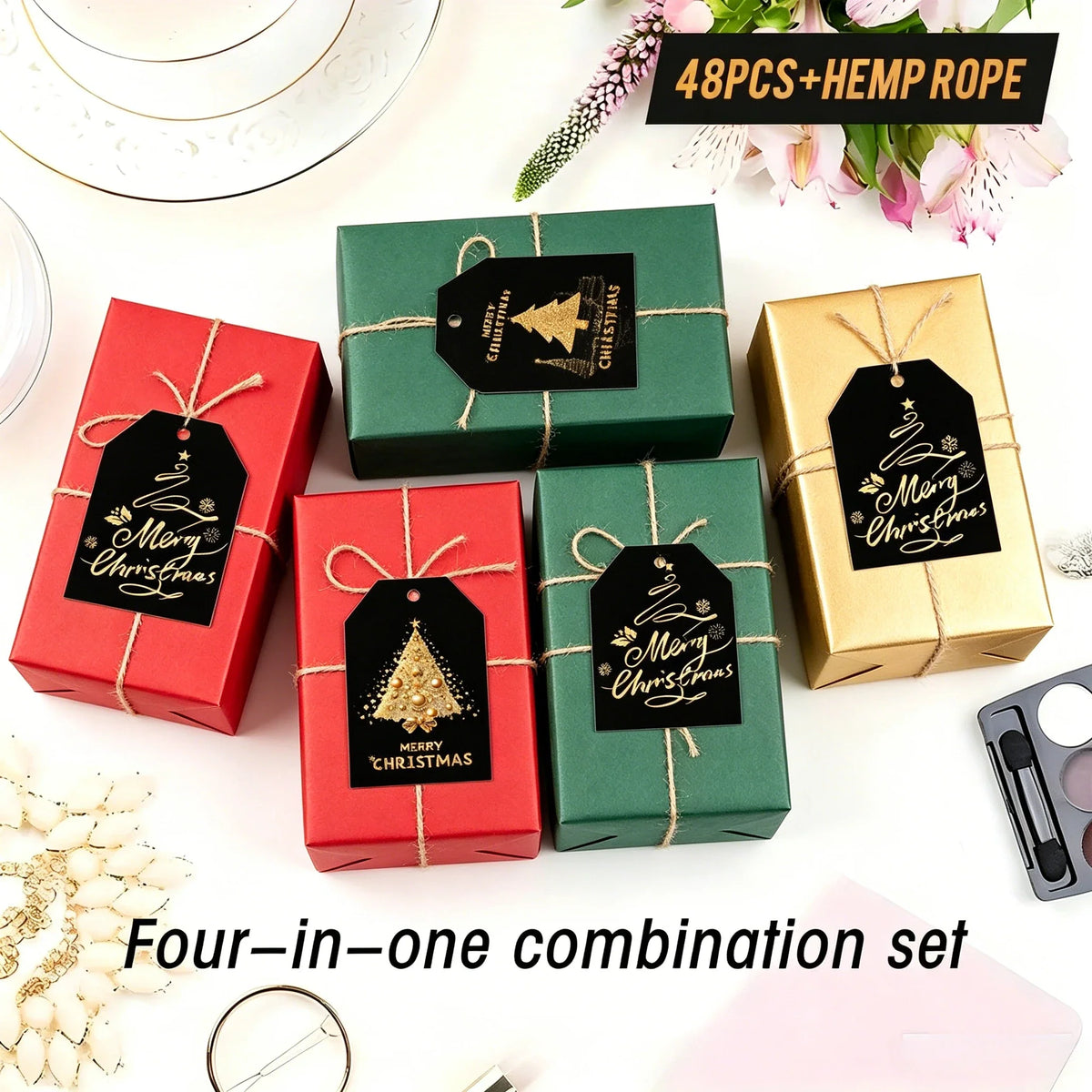 48 PCS Black Gold Gift Tags with Hemp Rope | Party & Wrapping