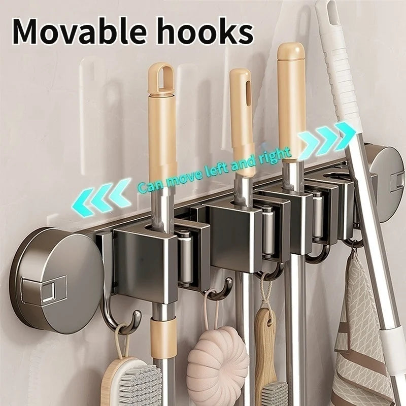 No-Drill Suction Cup Mop Rack Wall-Mounted Holder with 6 Hooks
