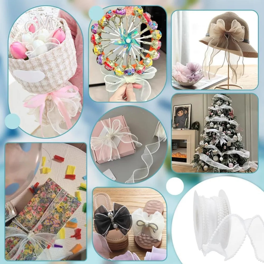 White Pearl Edge Sheer Wired Ribbon 40mm x 4.5m | Craft Ribbon