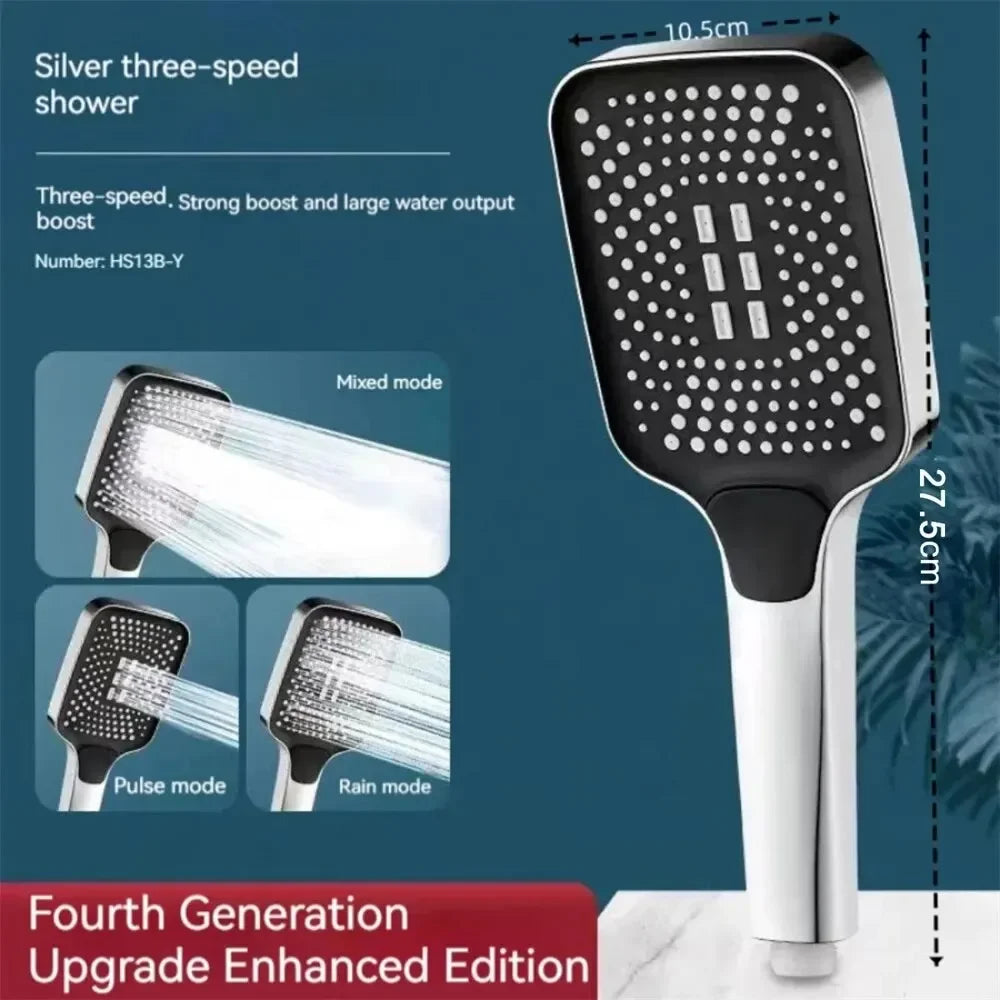 3-Mode Handheld Shower Head | High Pressure Rainfall Square