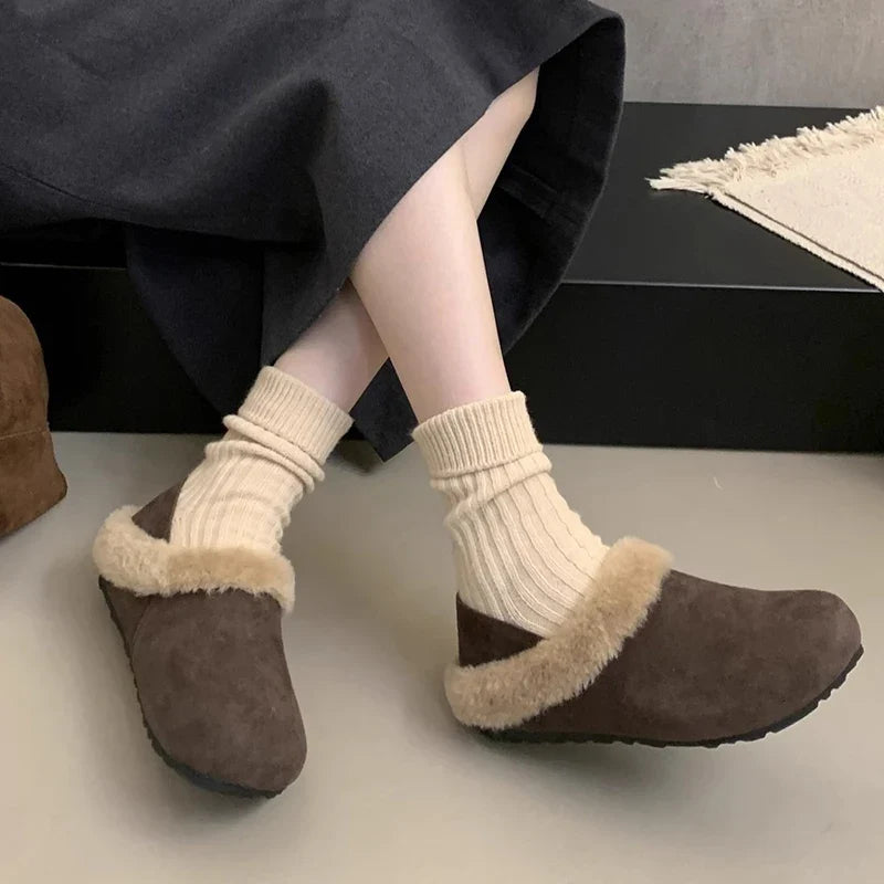 Women's Retro Faux Suede Fur-Lined Slip-On Flats | Winter Shoes