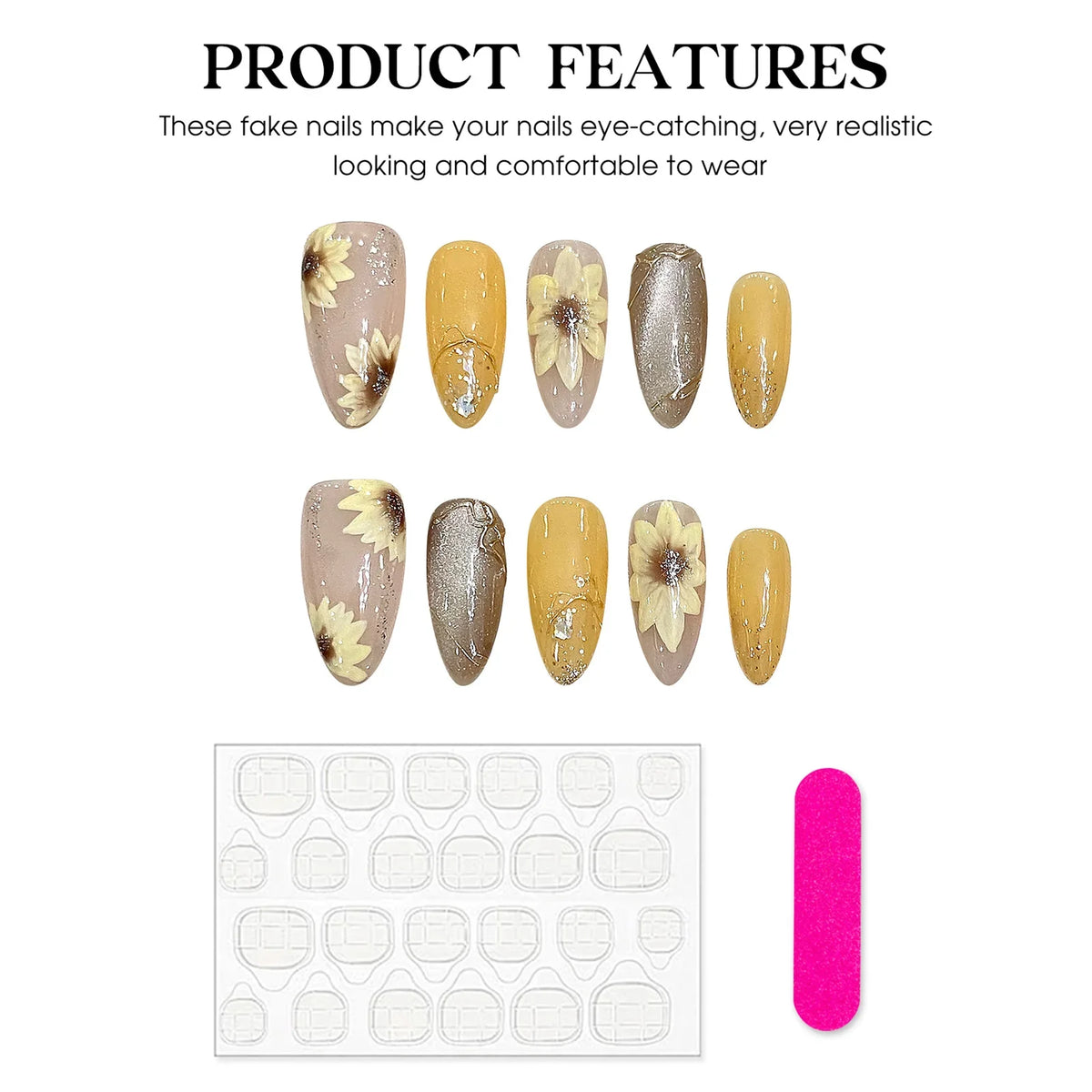 Press On Nails Cat Eye Almond Sunflower Design | YADORNOS 10pc