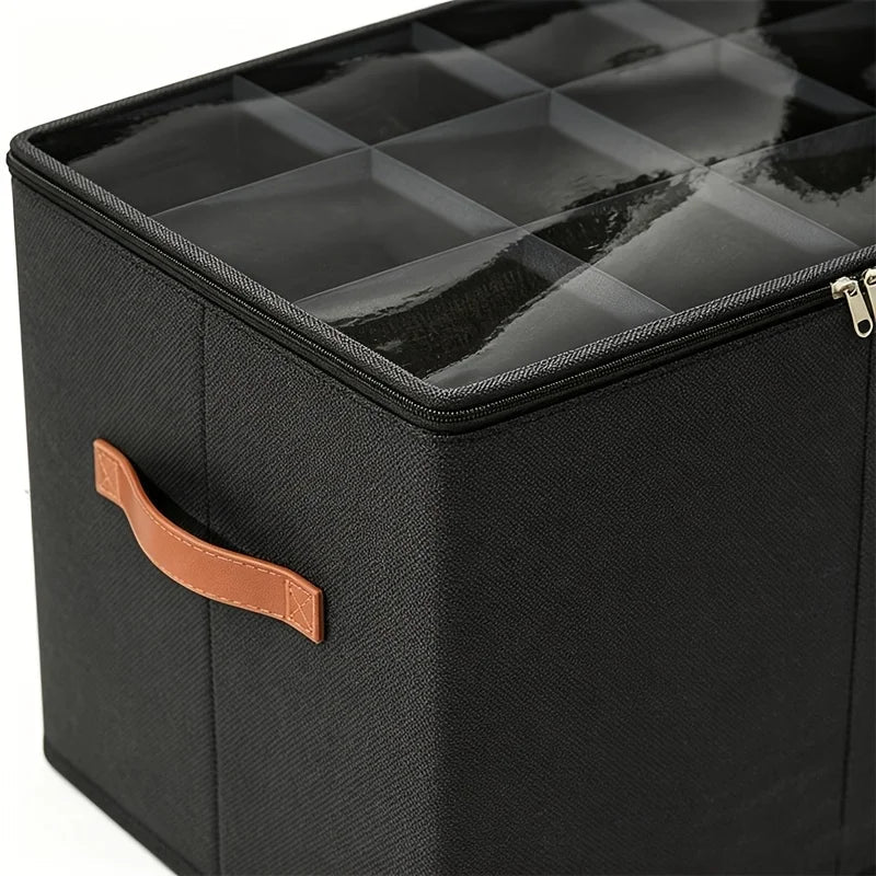 Foldable Shoe Storage Organizer Clear Window 12-Grid Box Handle