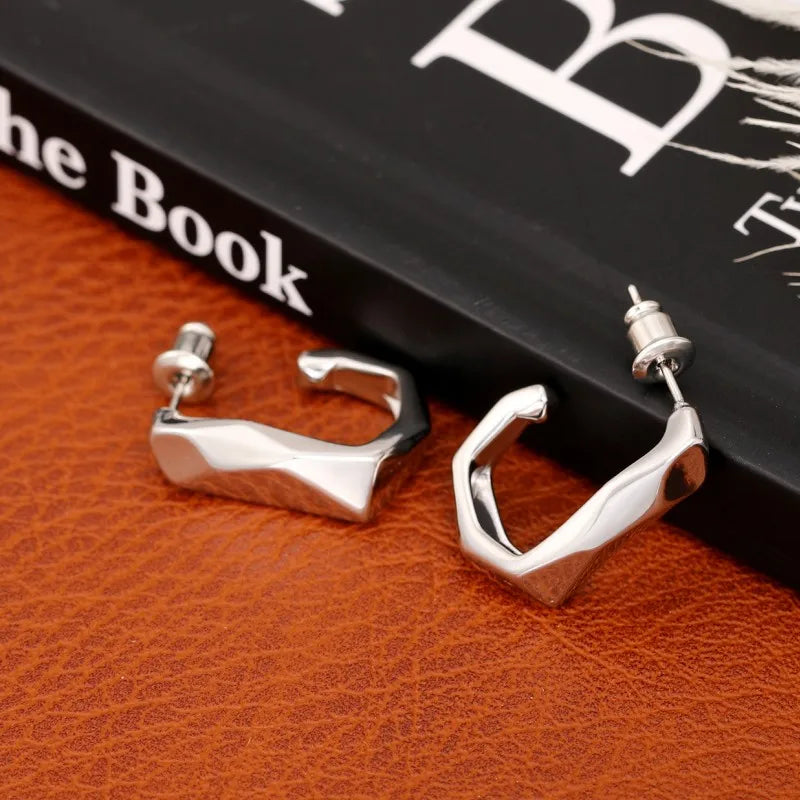 Huitan Silver Irregular Hoop Earrings – Geometric Fashion Jewelry