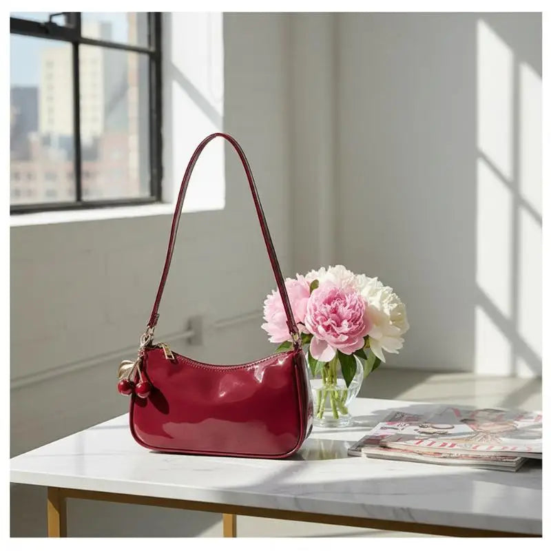 Women's PU Leather Shoulder Bag with Cherry Pendant