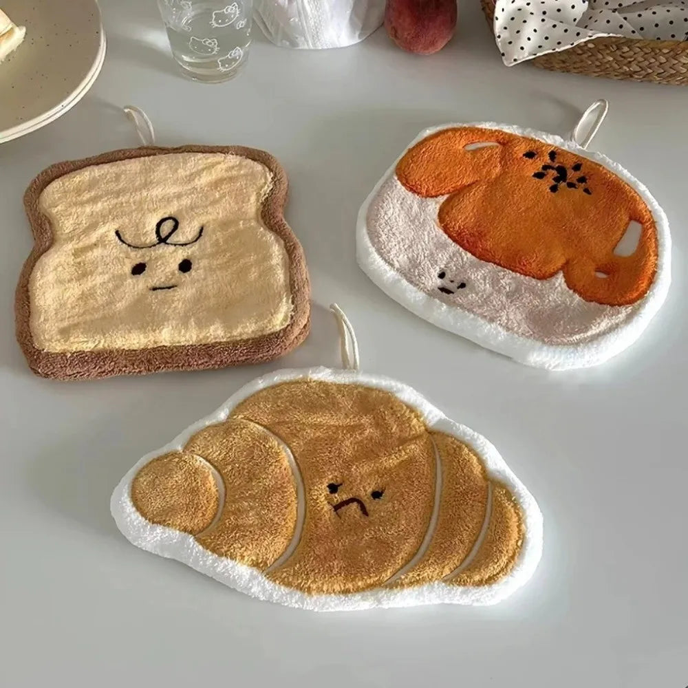 Cartoon Bread Coral Velvet Hand Towel with Hanging Loop