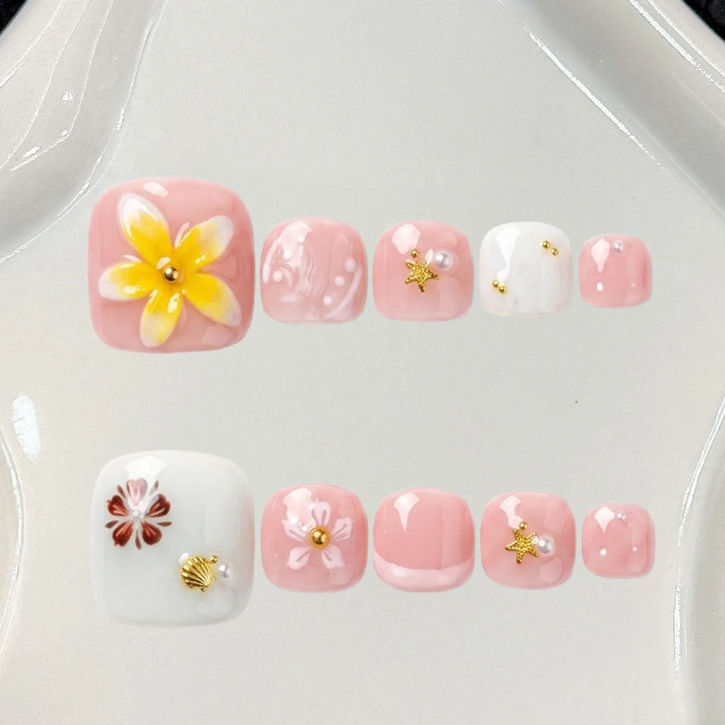 Hand-Painted 3D Floral Press-On Toe Nails | French Pink False Nails