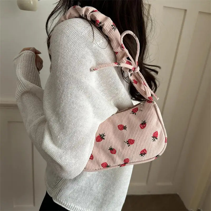 Corduroy Mini Shoulder Bag | Strawberry Print Half Moon Tote