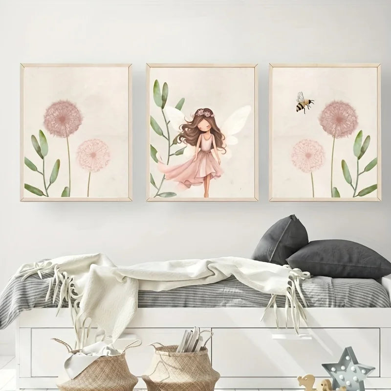 3-Piece Pink Dandelion Canvas Wall Art Set | Fairy Floral Prints