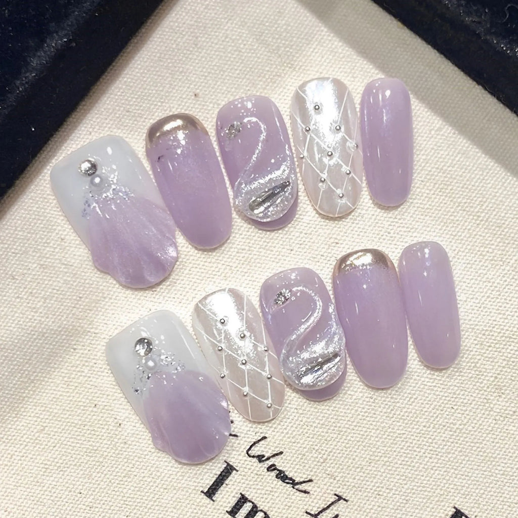 3D Swan Press On Nails – Purple Cat Eye Short Round | YADORNOS