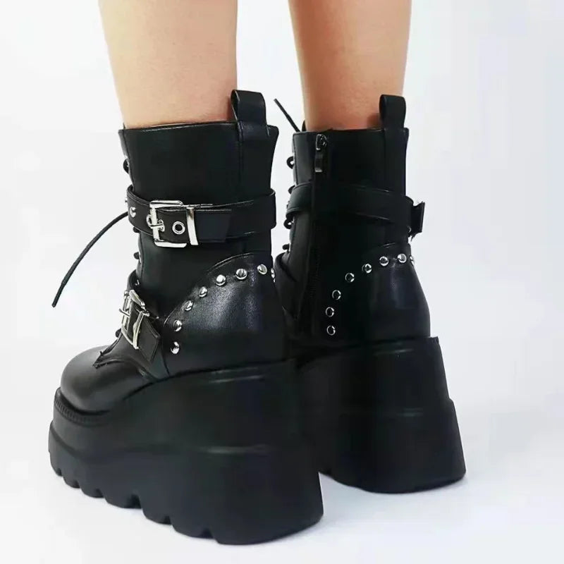 Women's PU Leather Platform Ankle Boots – Gothic Lace-Up