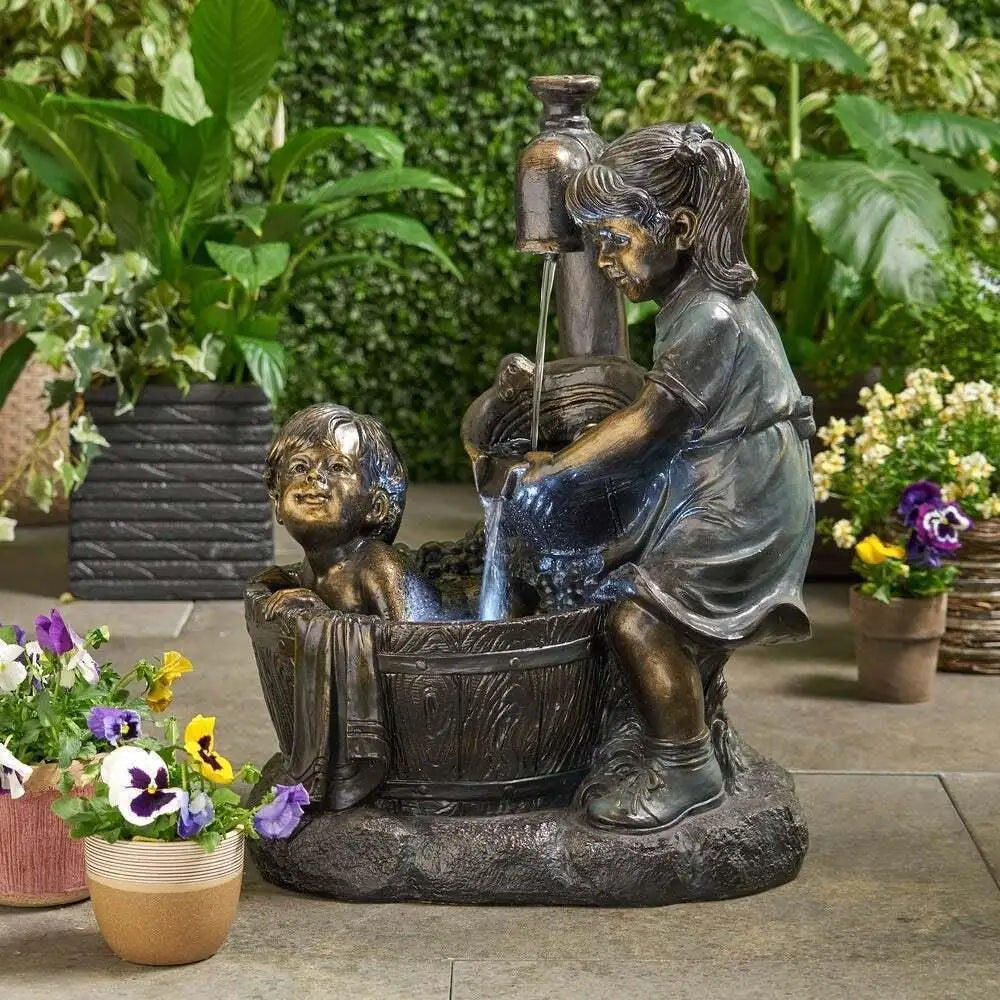 Boy & Girl Water Play Resin Garden Sculpture – 10cm Ornament