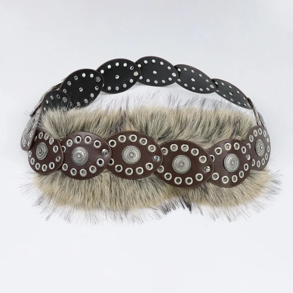 UYEE Punk PU Studded Fur Belt Y2K Vintage Faux Waistband Metal Plush