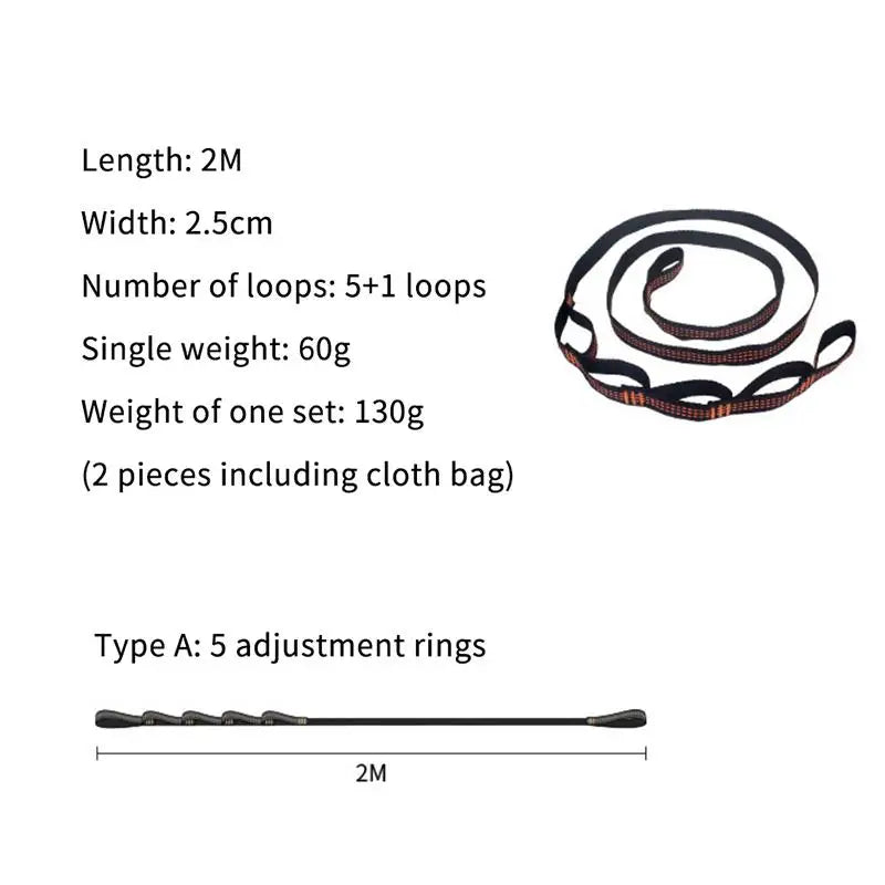 2-Pack Reinforced Hammock Tree Straps – 5-Ring Polyester, 2m