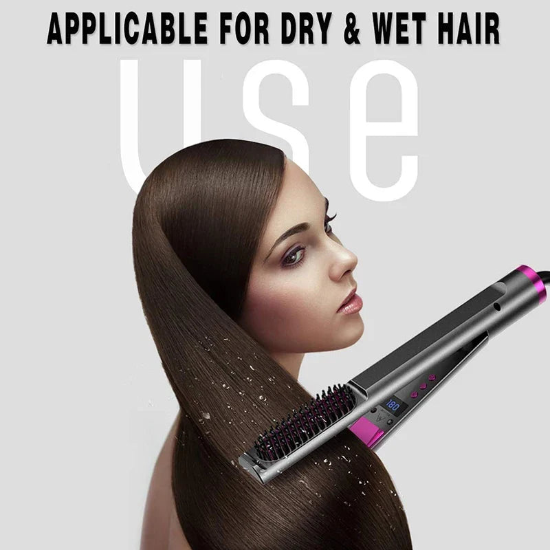 2-in-1 Negative Ion Hair Straightener Brush & Curling Comb