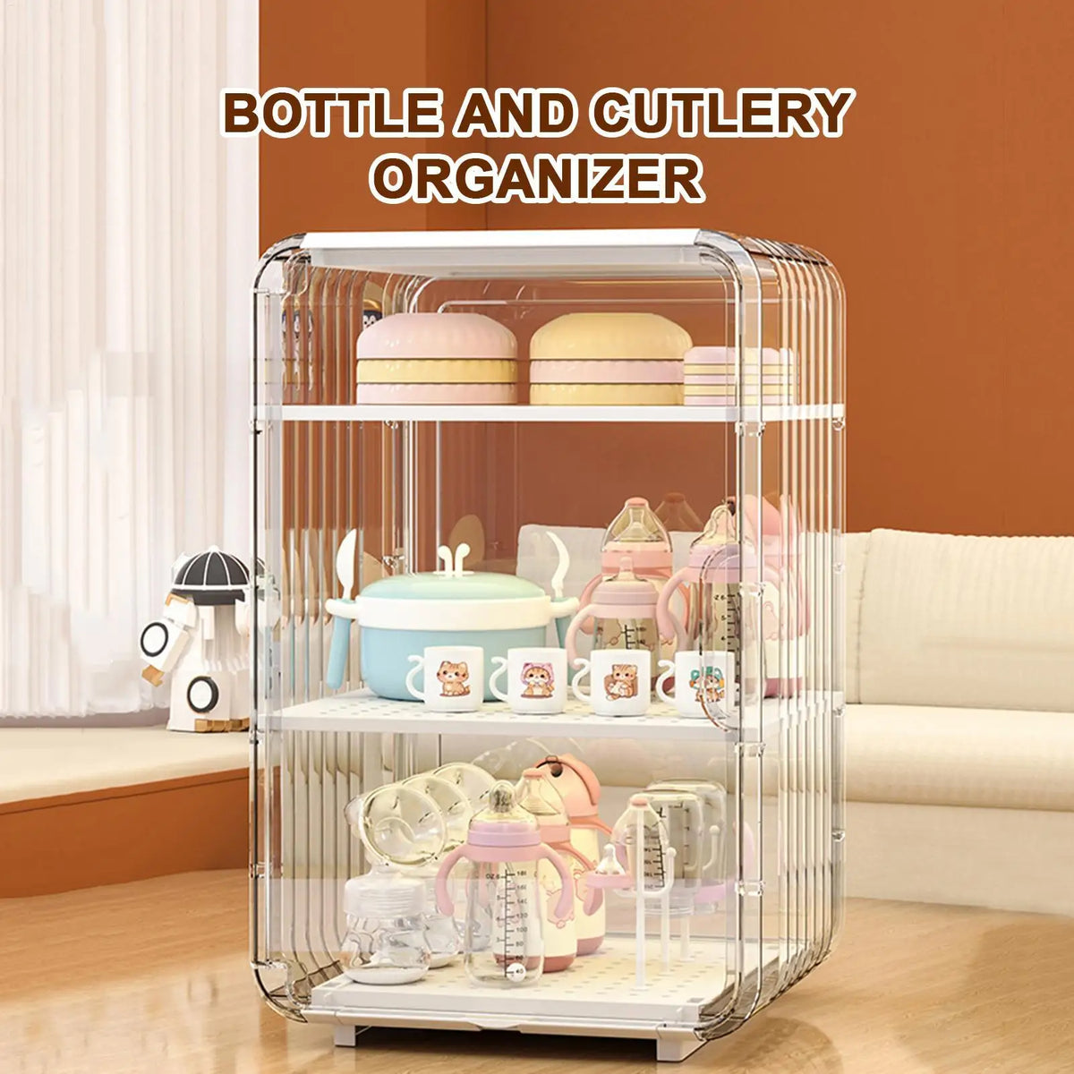 Baby Bottle Storage Organizer Toddler Cutlery Clear Dustproof Holder