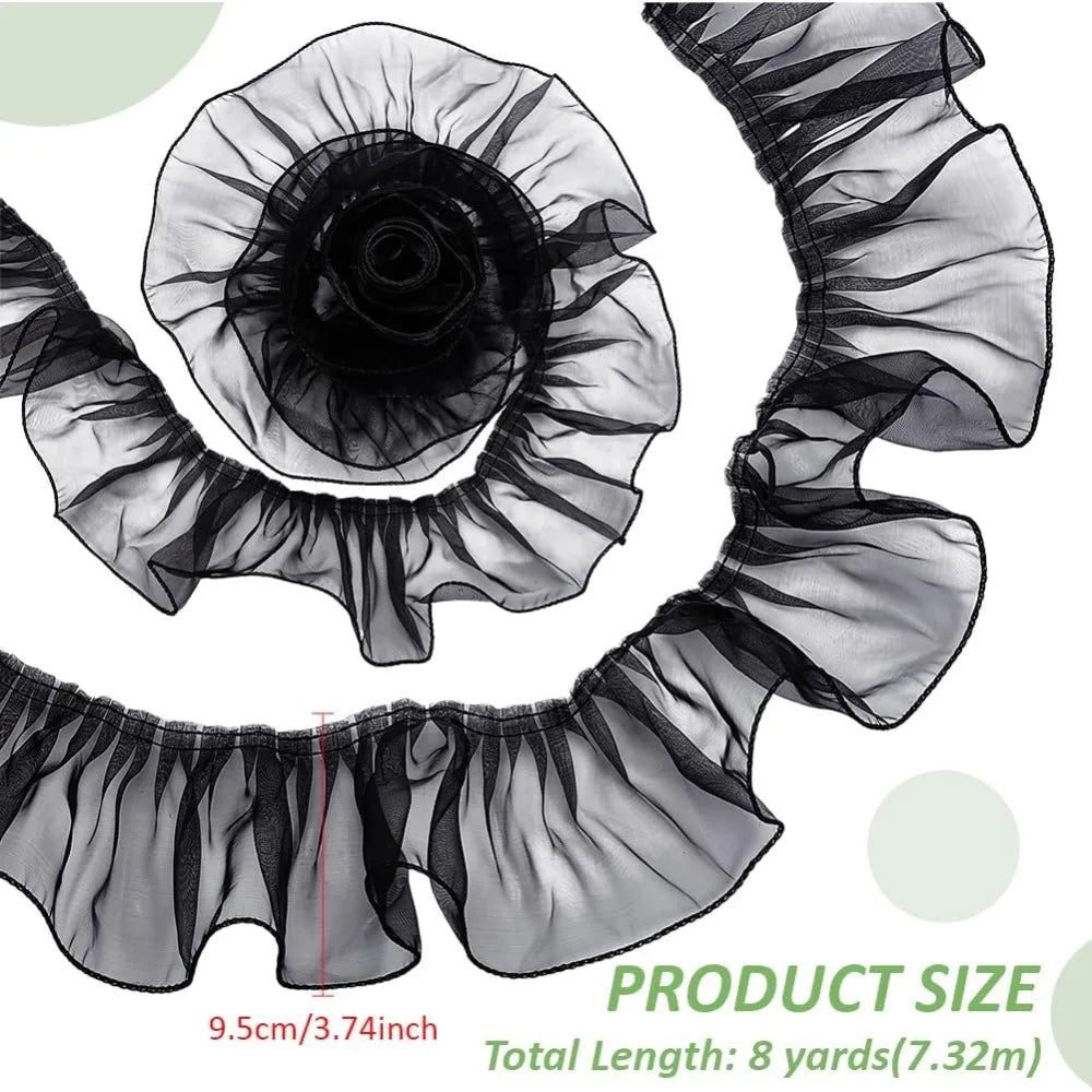Black Organza Pleated Lace Ribbon Flower Trim 95mm – 8 Yards