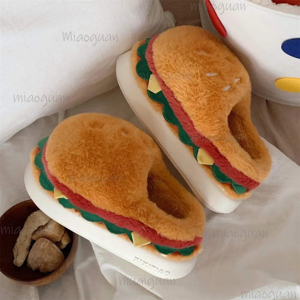 Women's Cartoon Hamburger Plush Platform Slippers | Fluffy