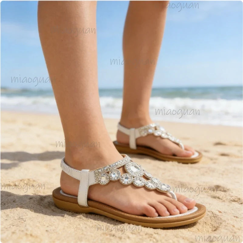 Women's Crystal Flat Sandals – Bohemian Beach Flip-Flops