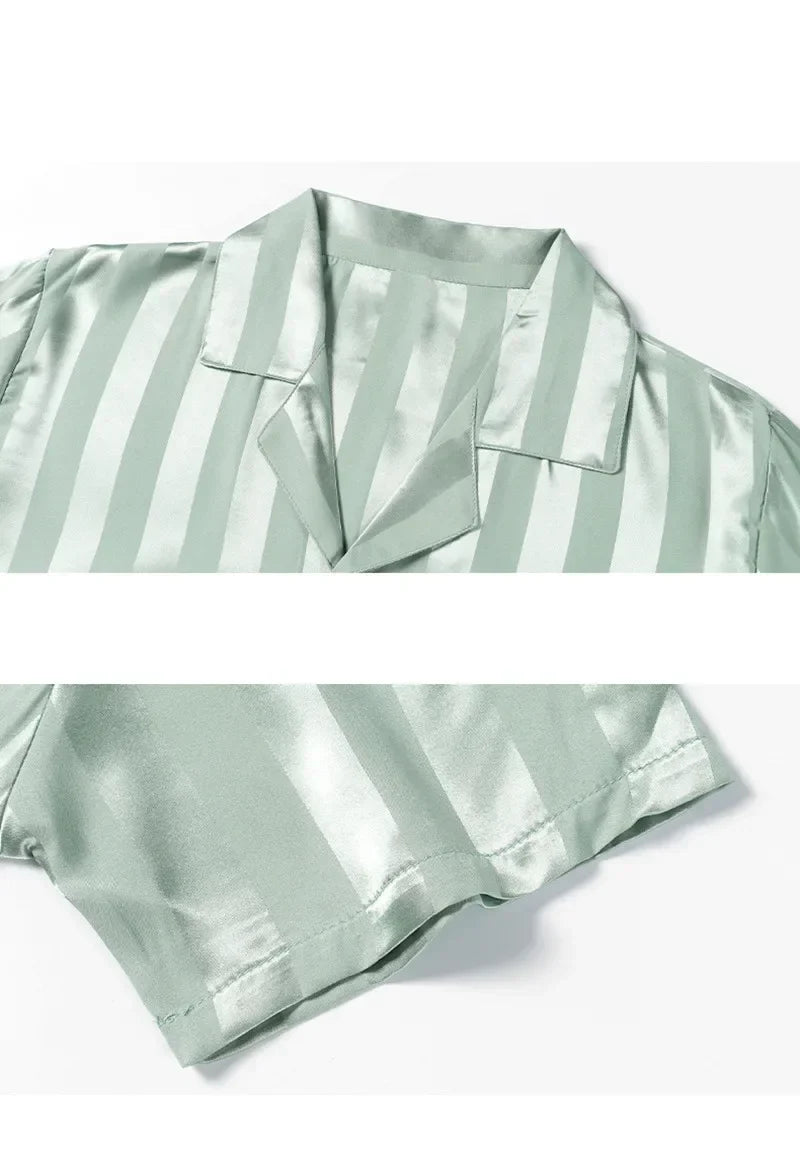 Women's Ice Silk Striped Pajama Set – Long Sleeve Sleepwear