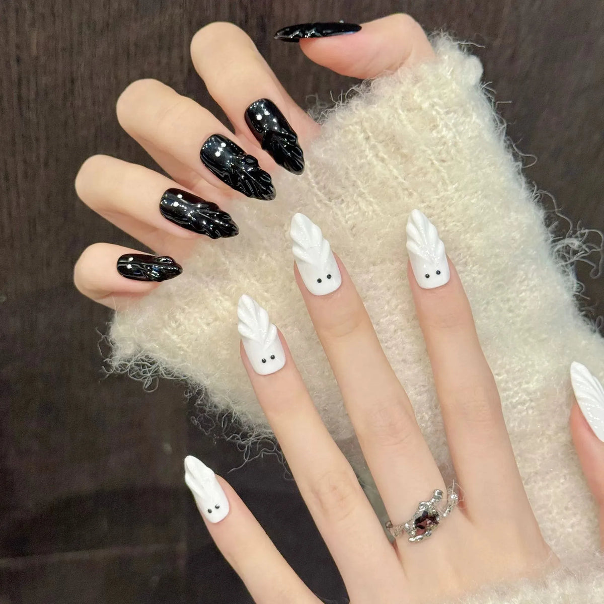Halloween Ghost Press On Nails | 3D Almond Fake Nails Set 10pc