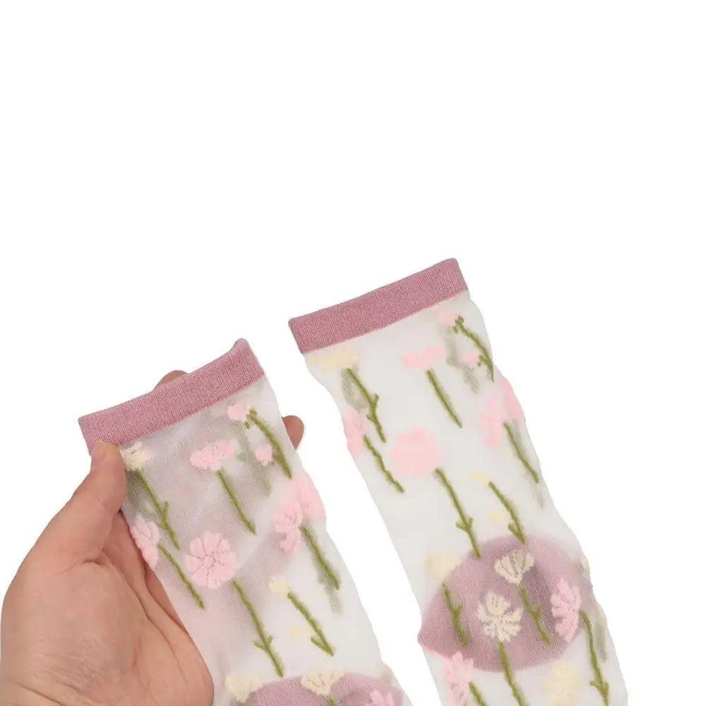 Korean Floral Mesh Tube Socks – Sheer Embroidery Women's Socks