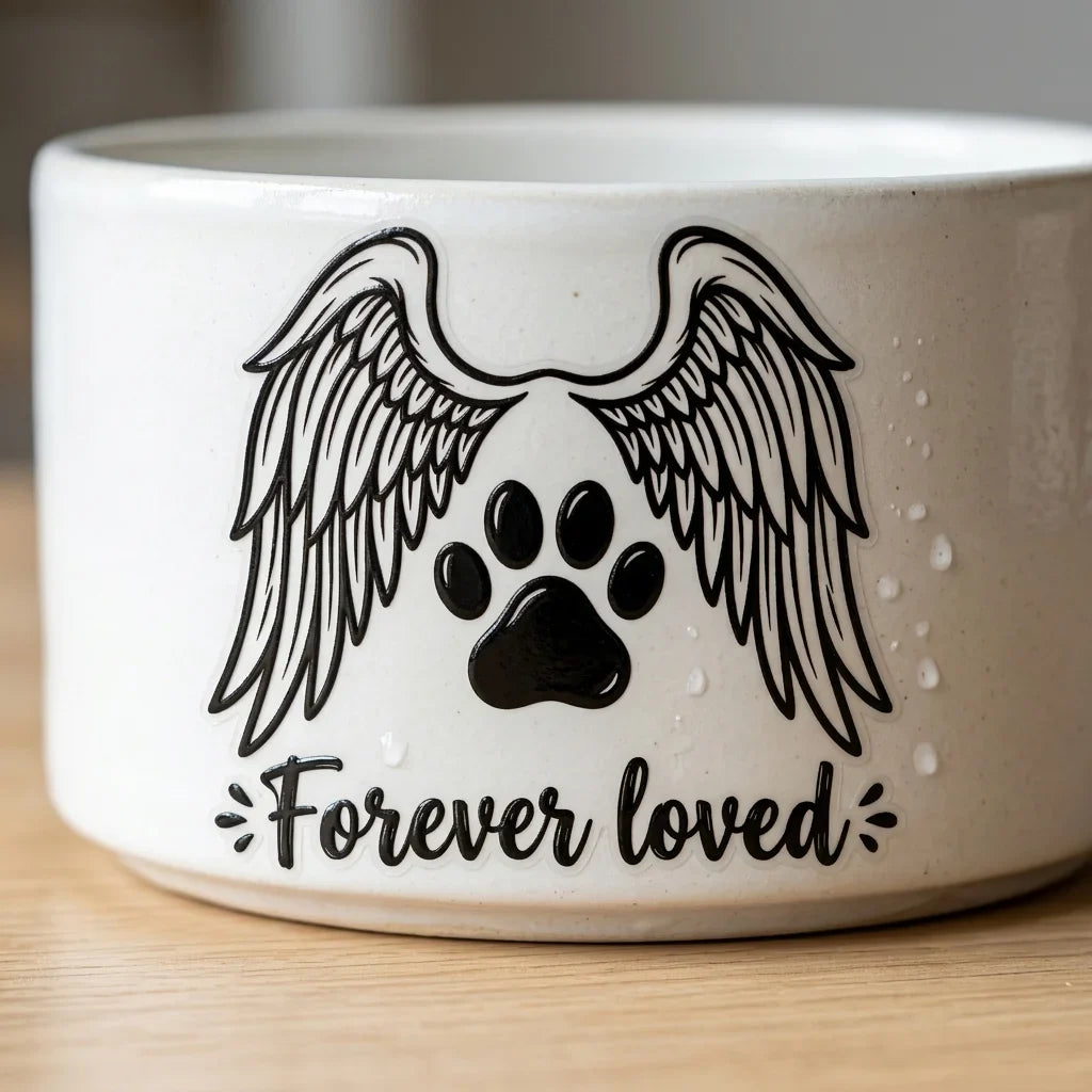 Pet Memorial UV Sticker "Forever Loved" Paw Angel Wings Decal