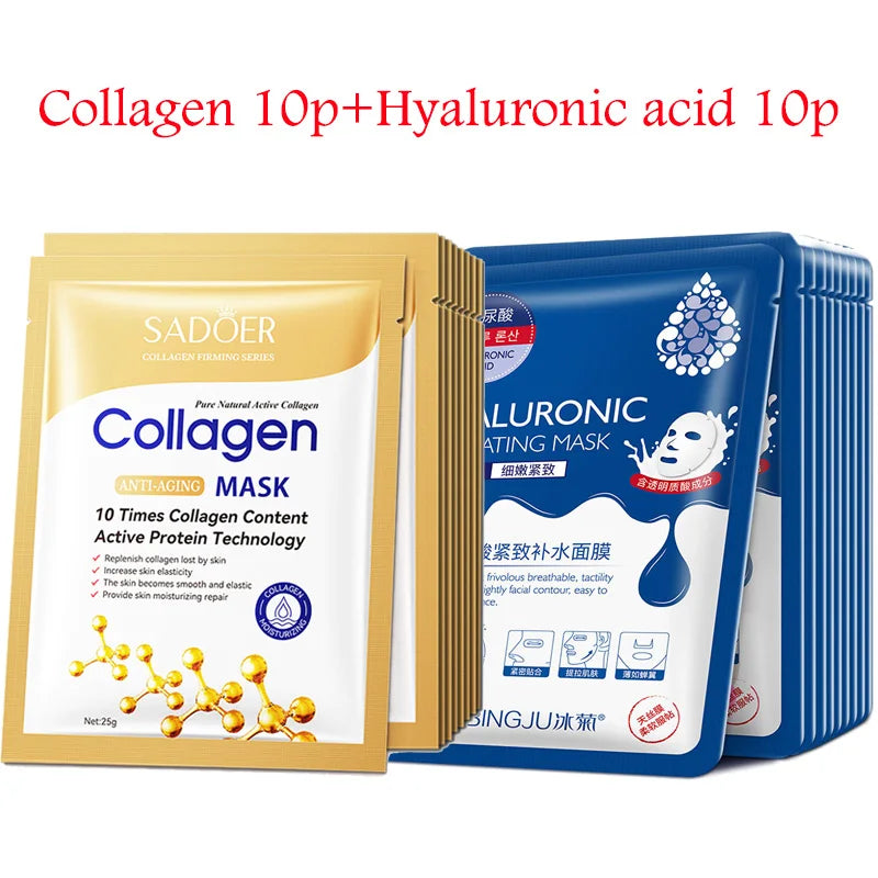 SADOER 20pc Hyaluronic Acid & Collagen Sheet Face Masks