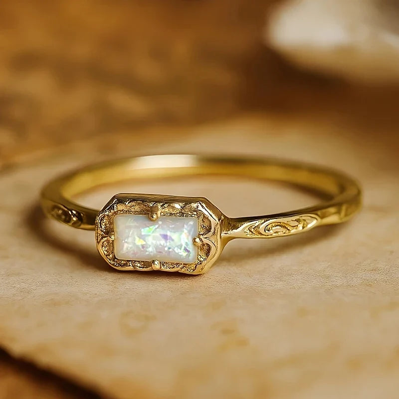 Huitan Vintage Imitation Opal Rectangular Ring for Women