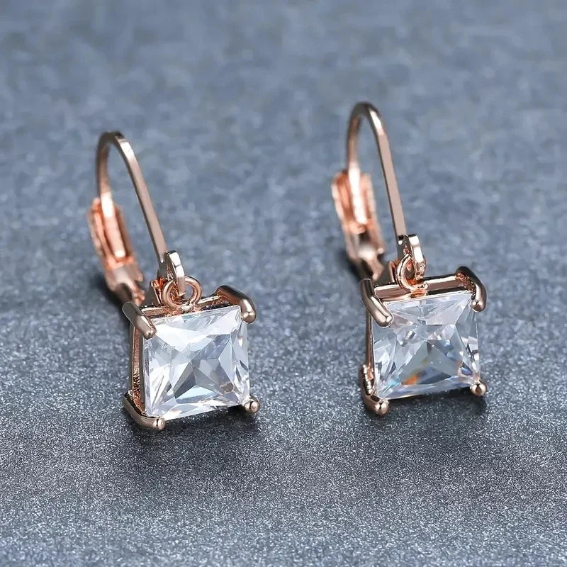 Huitan CZ Princess Dangle Earrings – Silver & Rose Gold