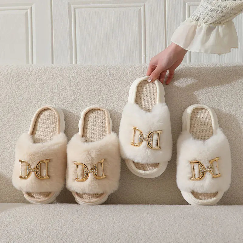 Women's Fluffy Fur Slides Buckle Decor Faux Fur Slippers