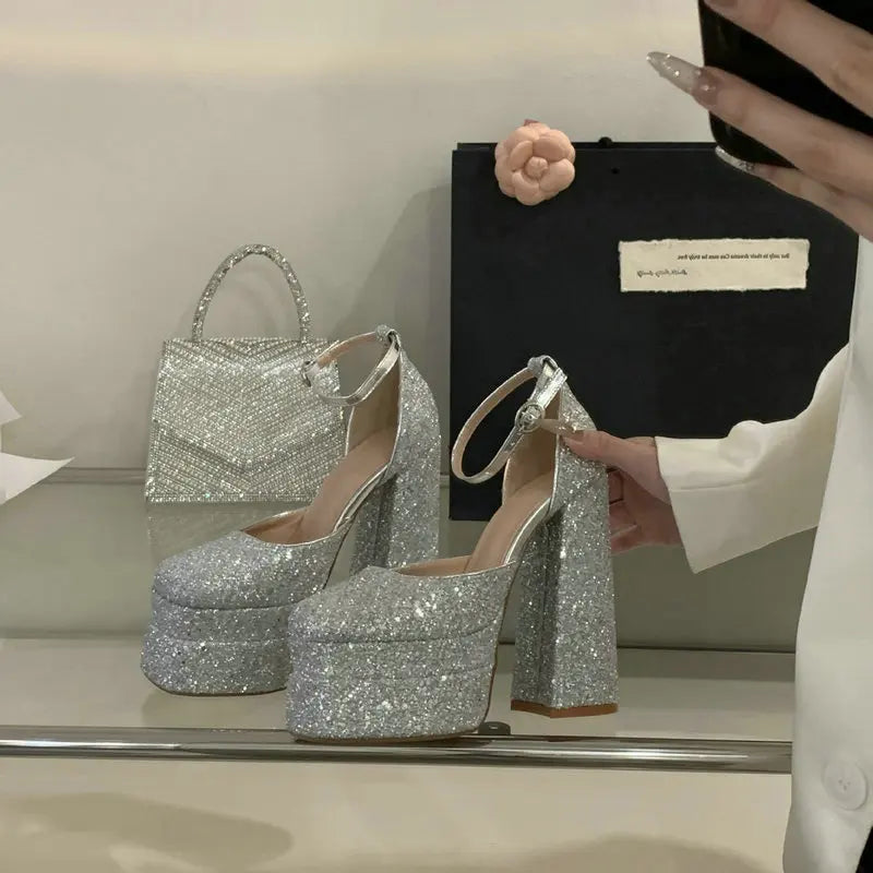 Women's Silver Platform High Heel Sandals | Luxury Party Pumps
