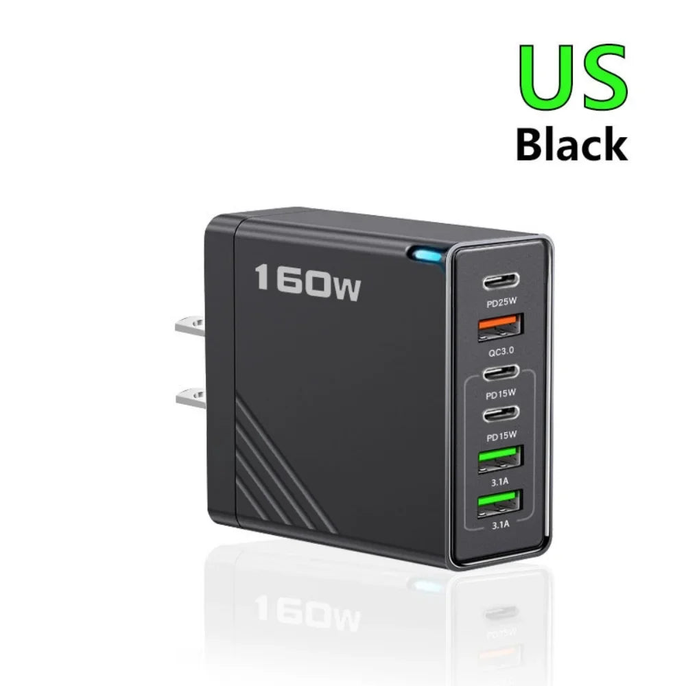 160W 6-Port USB-C Fast Charger | EU US UK Wall Adapter